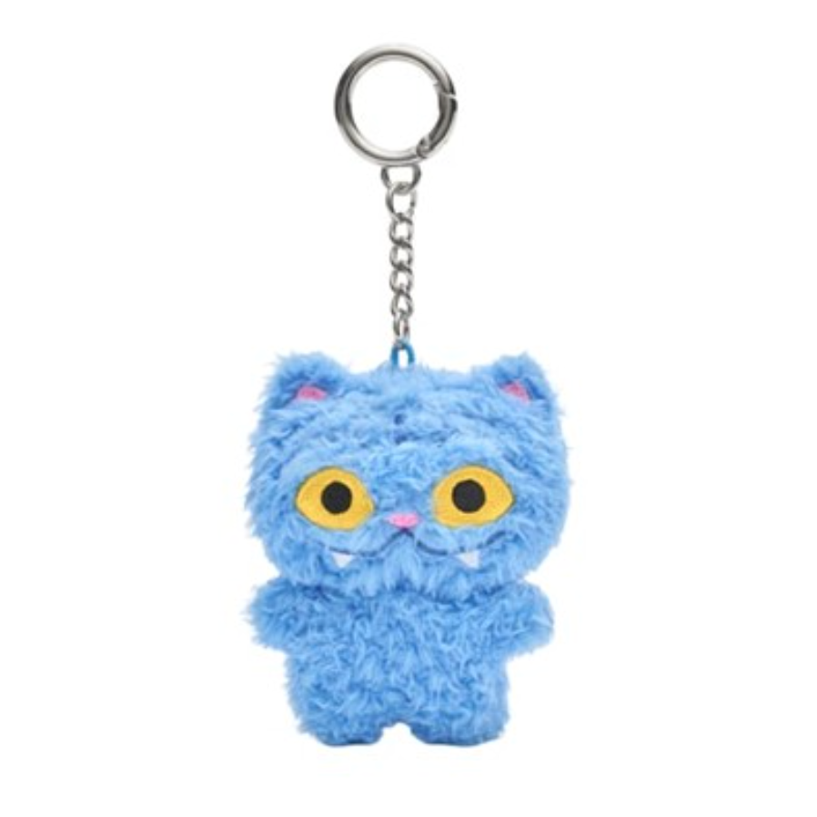 Blue cat-shaped Derpy cartoon plush keychain with yellow eyes on a white background