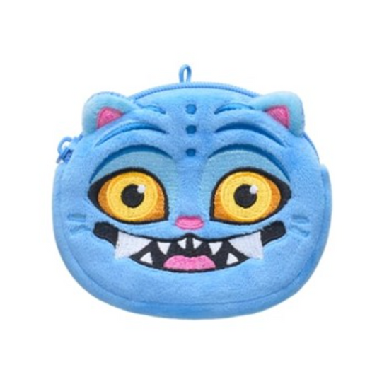 Blue plush toy with Derpy cartoon face on a white background