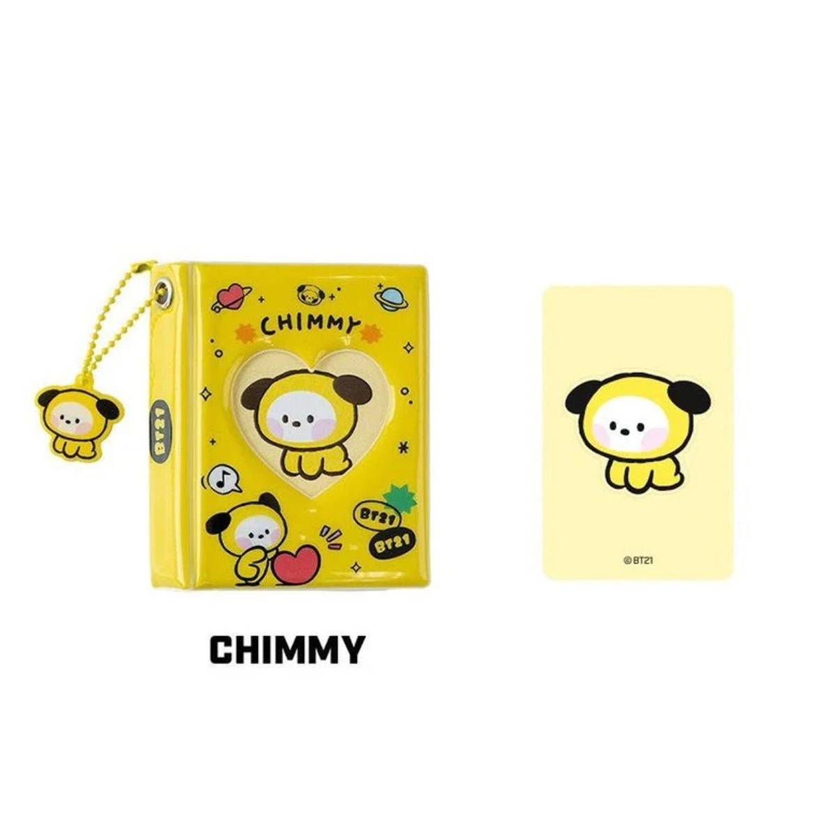 Yellow photo album with heart window, and ball keychain with BT21 cartoon character 'CHIMMY' branding on a white background