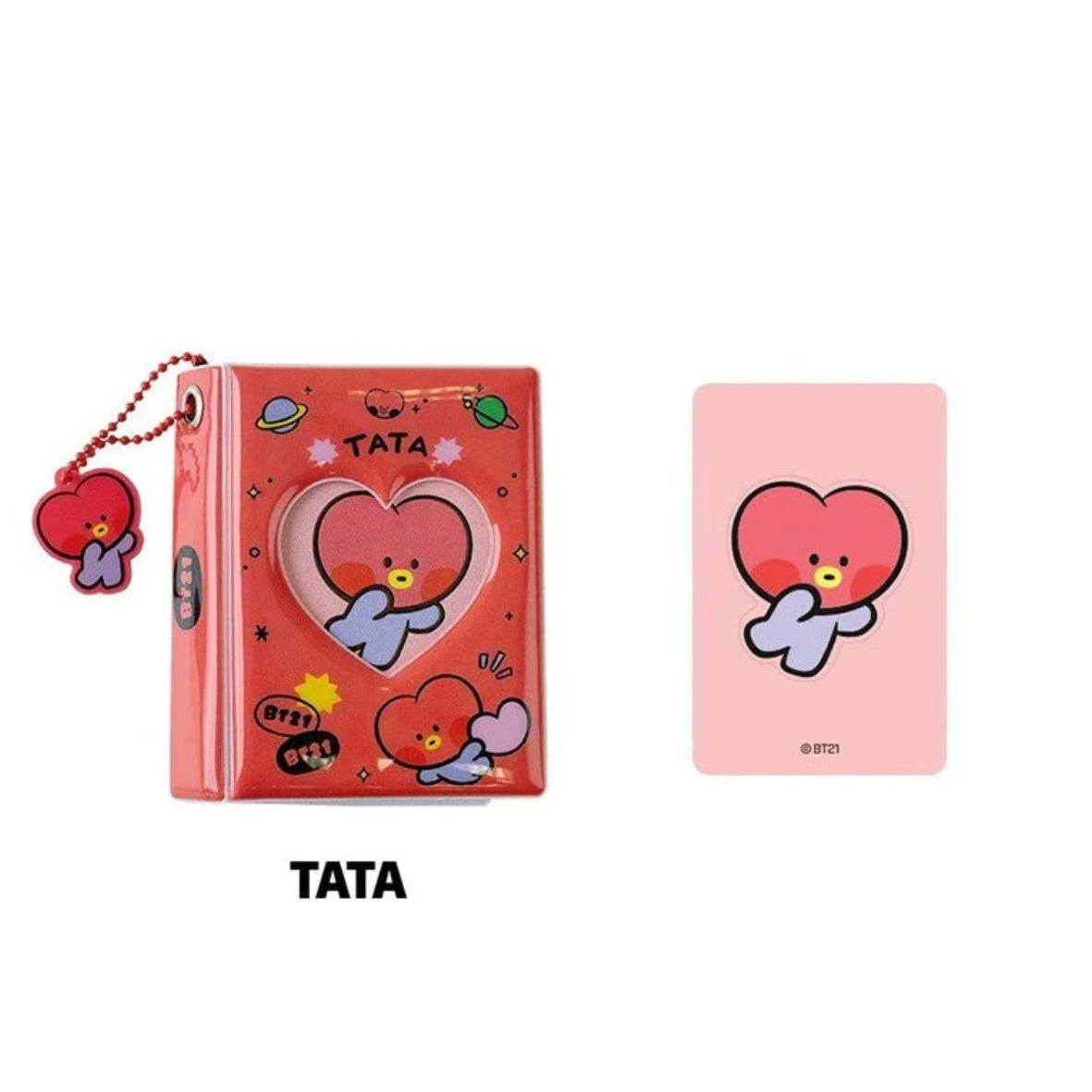 Red photo album with heart window, and ball keychain with BT21 cartoon character 'TATA' branding on a white background