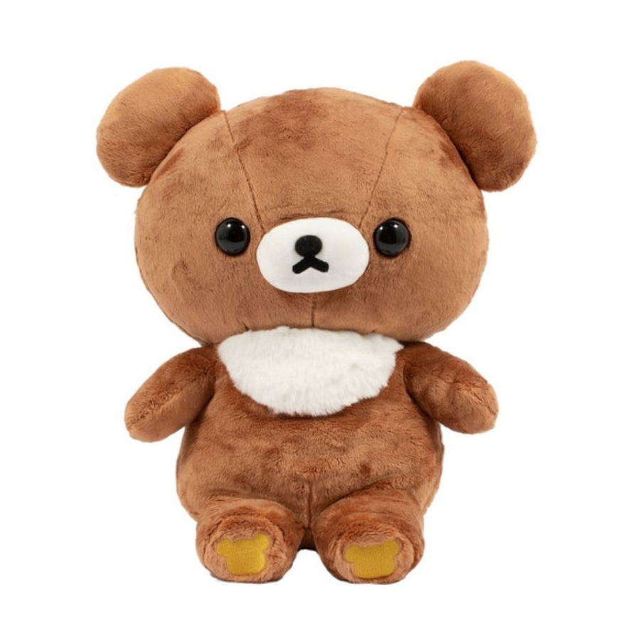 Brown teddy bear plush toy with white furry chest on a white background