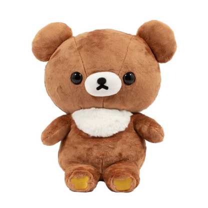 Brown teddy bear plush toy with white furry chest on a white background