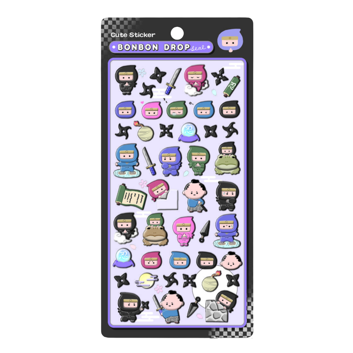Packaged sticker sheet with cartoon characters on a white background