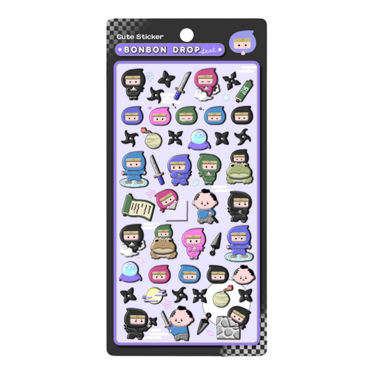Packaged sticker sheet with cartoon characters on a white background