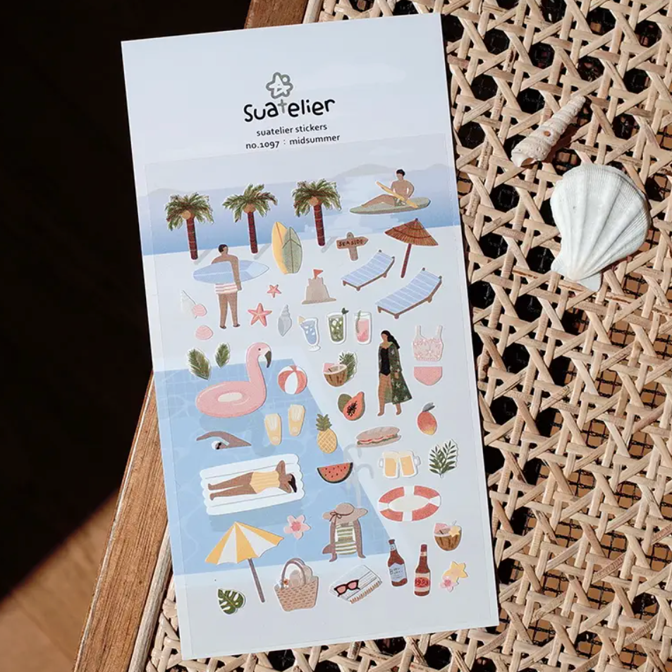 Sheet of illustrated stickers with palm trees, people, and beach items on a textured surface.