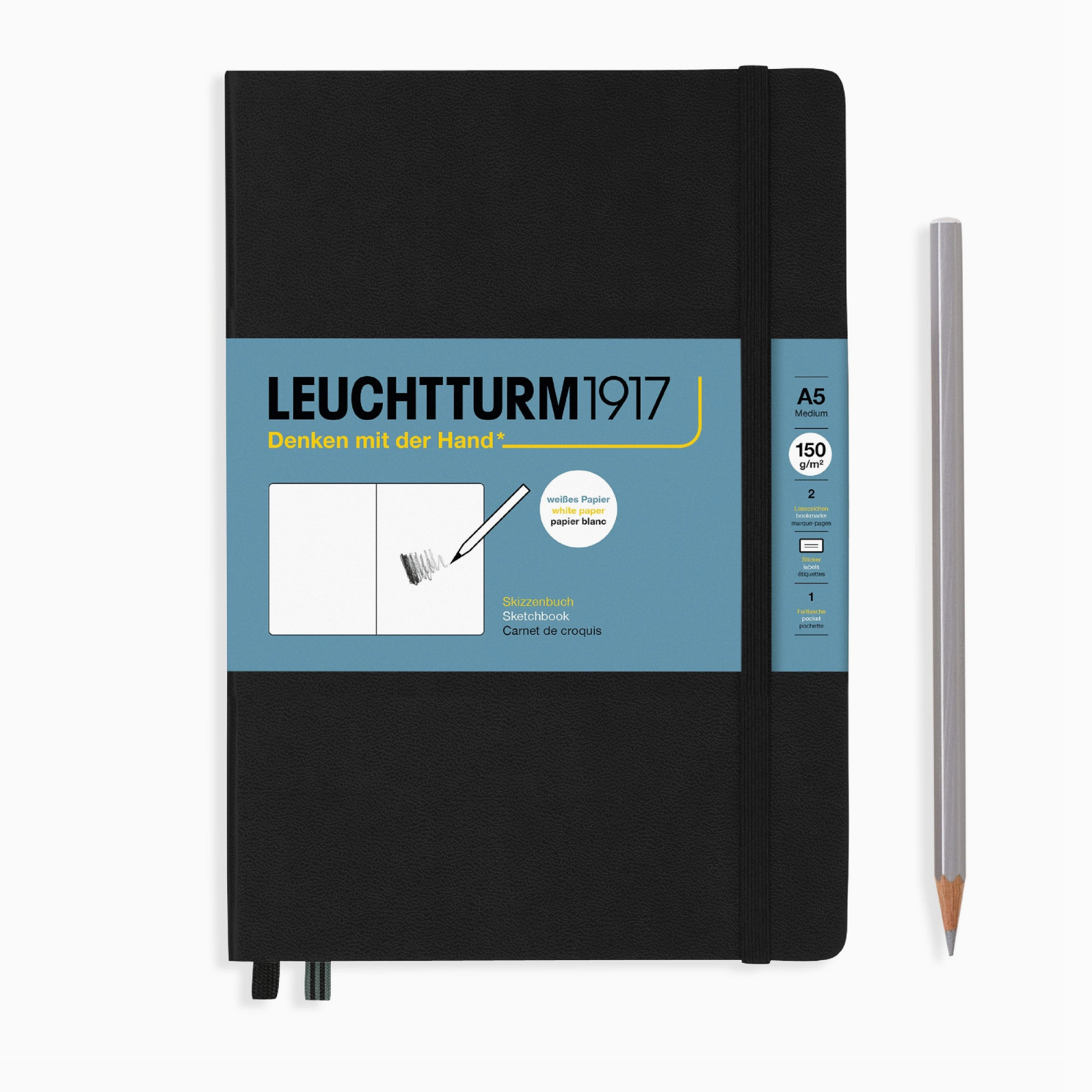 Black notebook with blue label featuring Leuchtturm1917 branding on a white background.