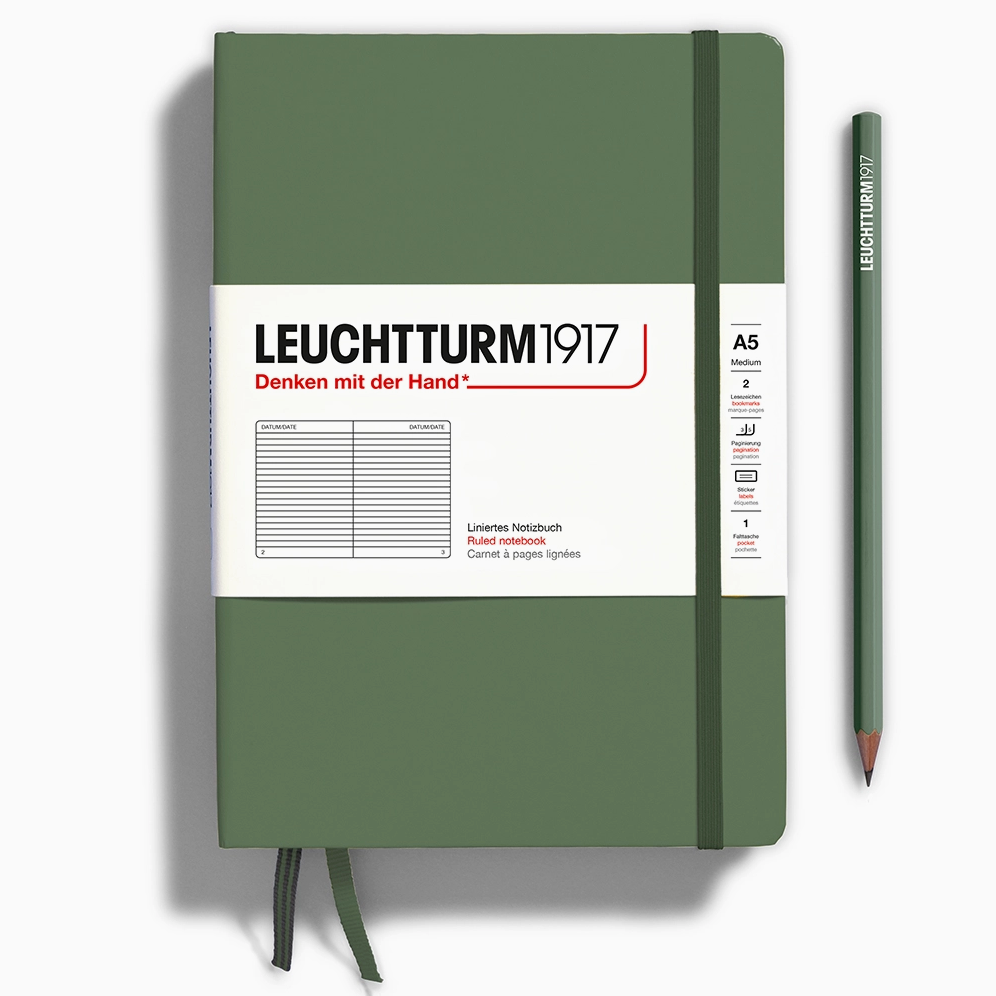 Green notebook with white label featuring 'Leuchtturm1917' branding on a white background.