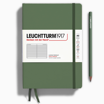 Green notebook with white label featuring 'Leuchtturm1917' branding on a white background.