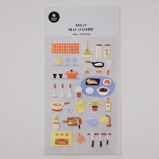 Decorative stickers with kitchen-themed illustrations on a white background