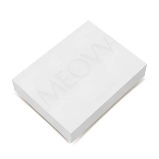 White rectangular box with 'MEOVV' text on a white background