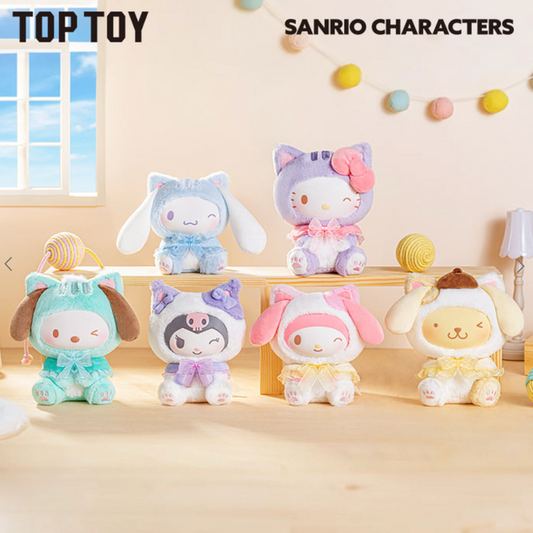 Plush toys featuring Sanrio characters on a wooden shelf with a light background.