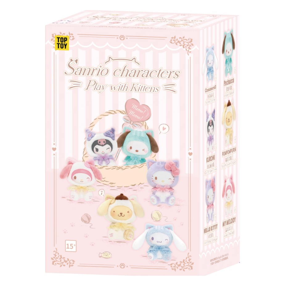 Box of Sanrio character toys with a pink background