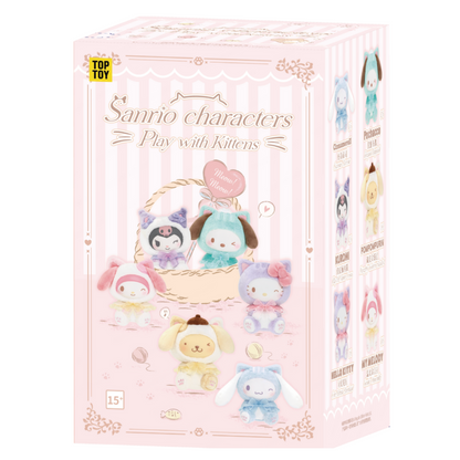 Box of Sanrio character toys with a pink background