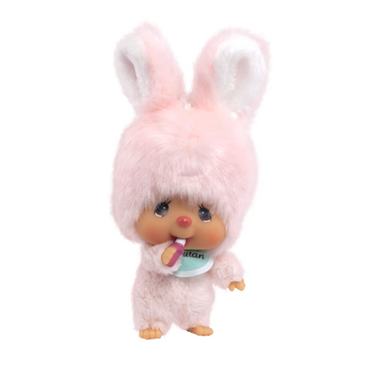 Toy figure with bunny ears and a pacifier on a white background