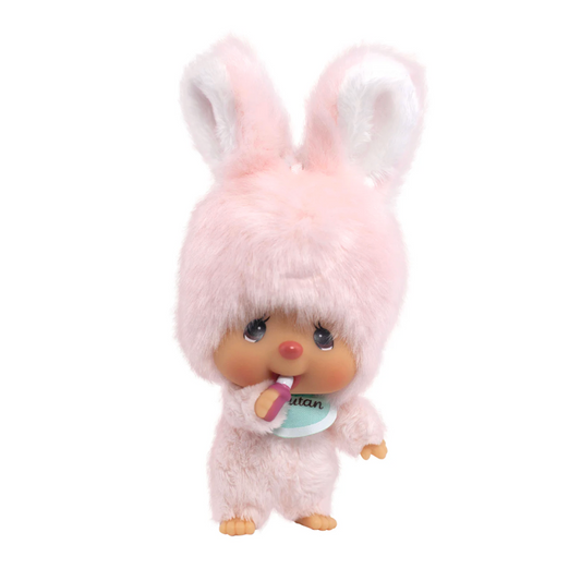 Toy figure with bunny ears and a pacifier on a white background