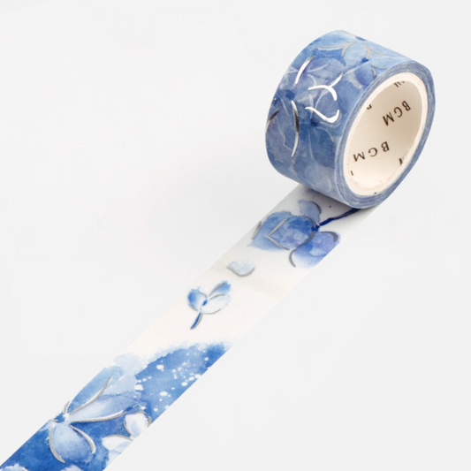 Blue floral-patterned tape with a white background