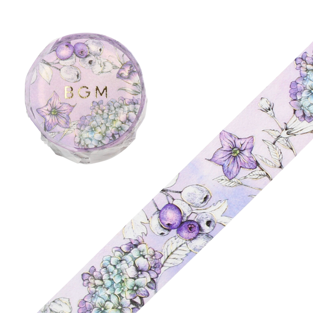 Purple floral-patterned tape with 'BGM' branding on a white background