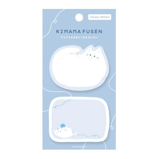 Pack of cat-themed sticky notes with 'Kimama Fusen' branding on a light blue background