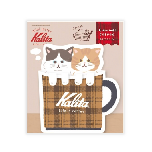 Letter paper with two cats in a mug on a 'Kalita' branded card