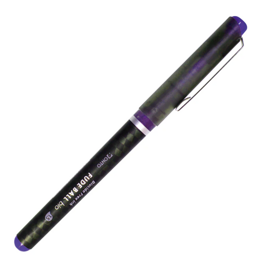 Black and purple pen on a white background