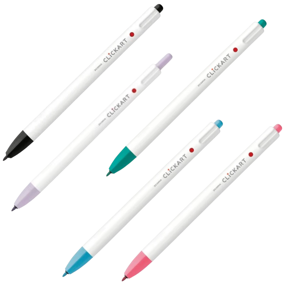 Set of ClickArt pens with colored tips on a white background