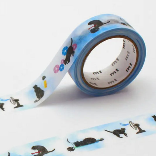 Roll of decorative tape with cat illustrations on a white background
