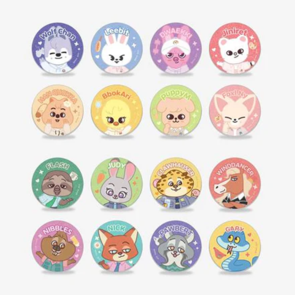 Set of colorful animal-themed buttons with various designs on a white background