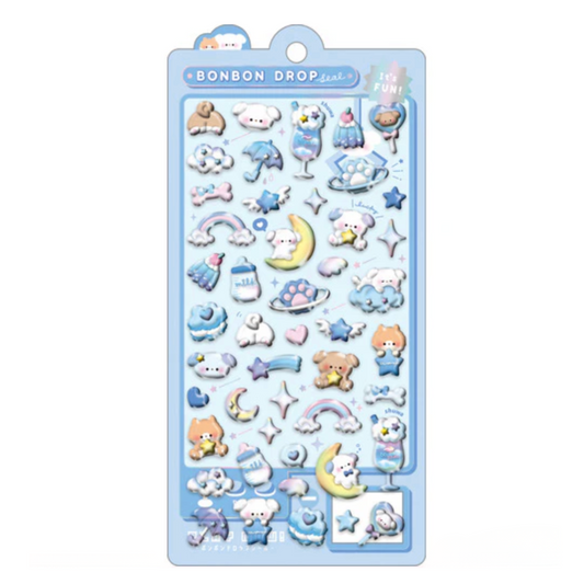 Pack of decorative stickers with cartoon characters on a blue background