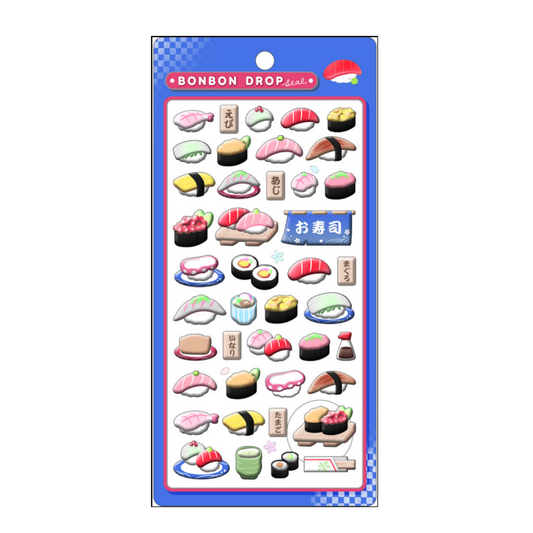 Pack of Bonbon Drop stickers with various sushi designs on a blue background