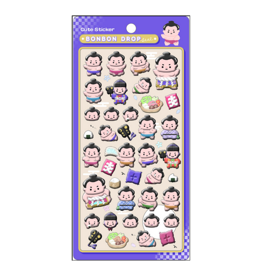 Pack of cute sumo cartoon character stickers with a purple border on a white background