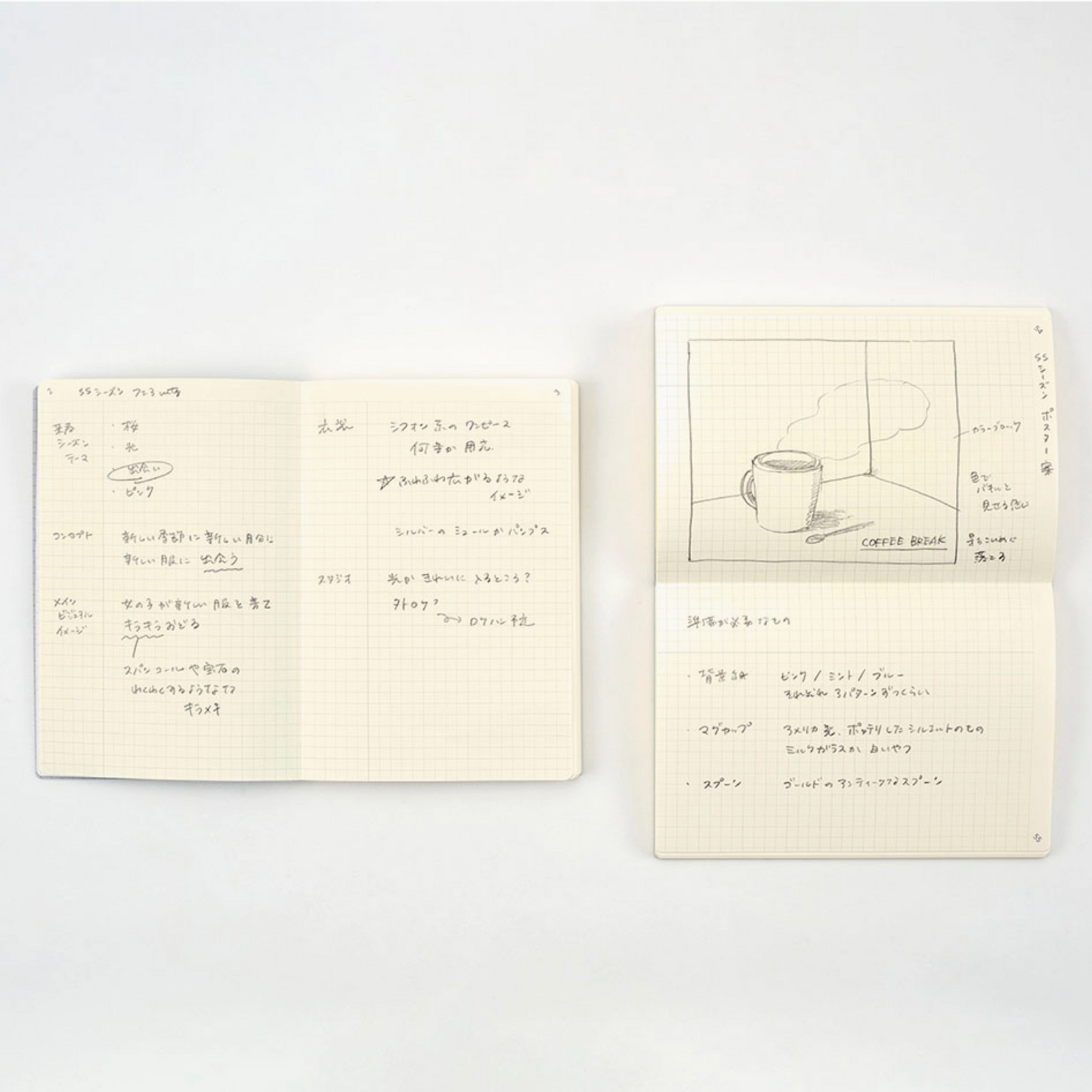 Two open notebooks with illustrations and text on a white background