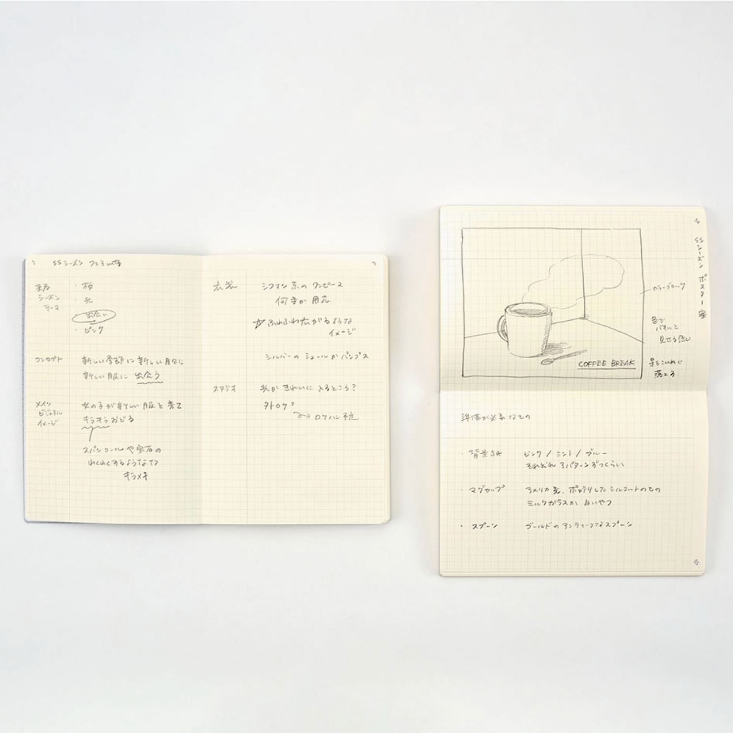 Two open notebooks with illustrations and text on a white background