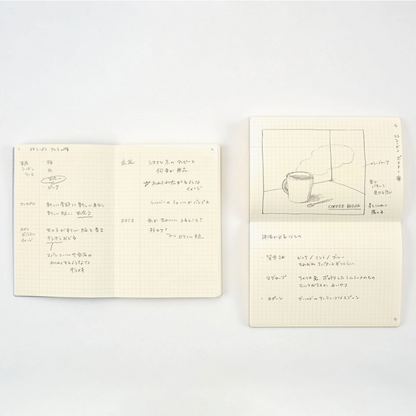 Two open notebooks with illustrations and text on a white background