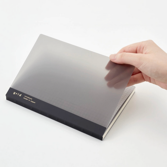 Hand holding a clear plastic sheet over a notebook with 'grid' branding on a white background