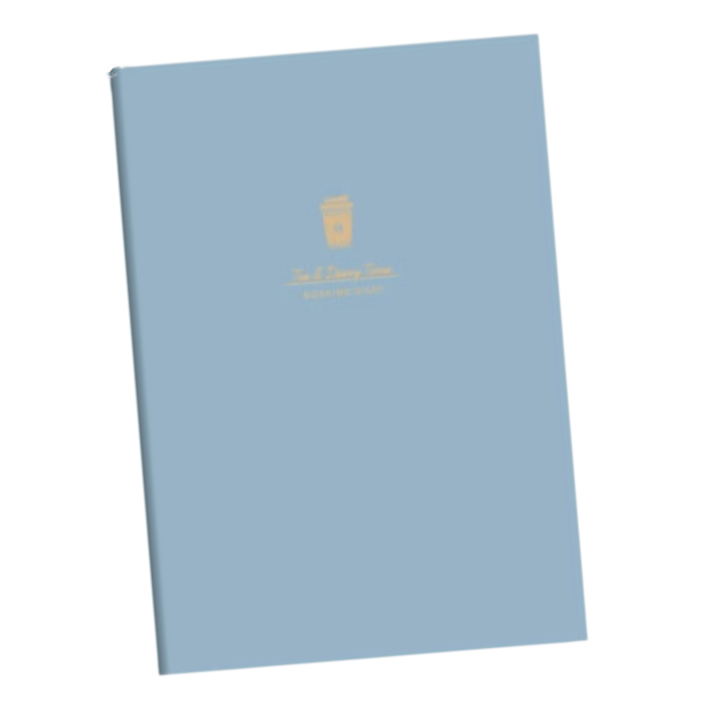 Blue notebook with a gold logo on a white background