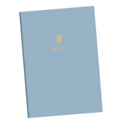 Blue notebook with a gold logo on a white background