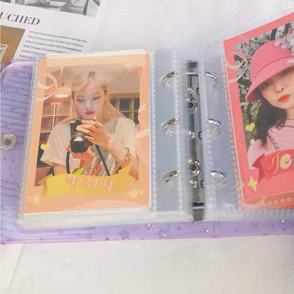 Collection of photo cards in a ring binder with images of people and text.