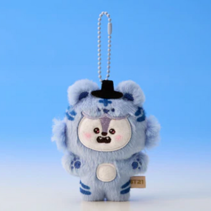 Plush keychain with a blue and white design on a light blue background