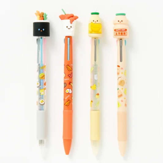 Set of four cartoon-themed pens on a white background