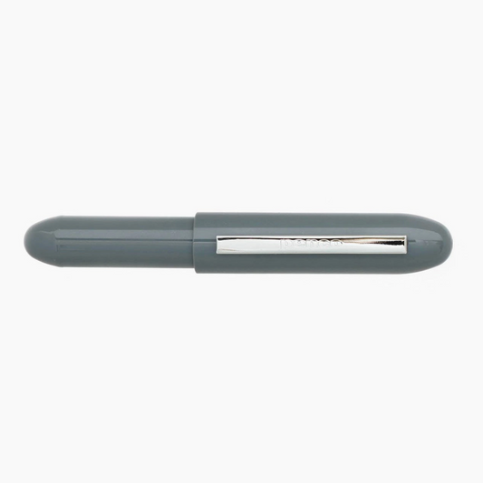 Gray pen with a silver clip on a white background