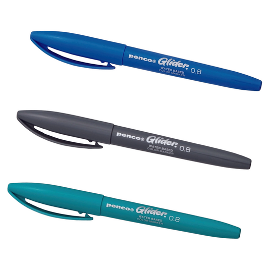 Three blue, black, and teal pens with 'penco Glider' branding on a white background.
