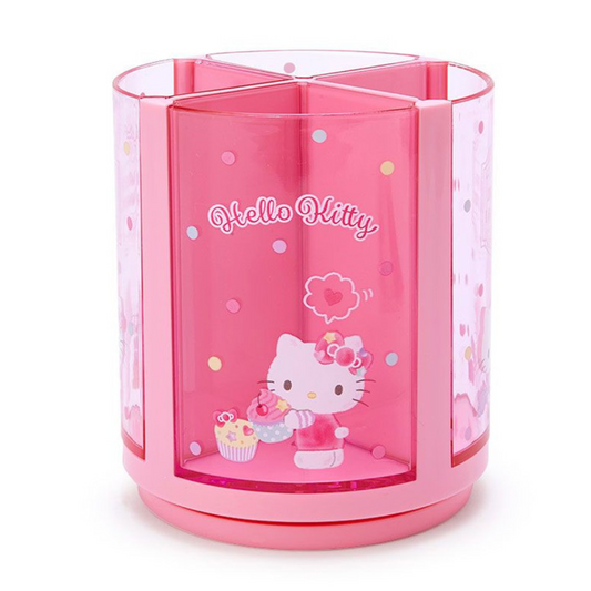 Pink pen holder with Hello Kitty design on a white background