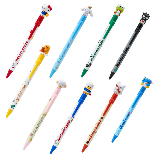 Set of colorful pens with cartoon character designs on a white background