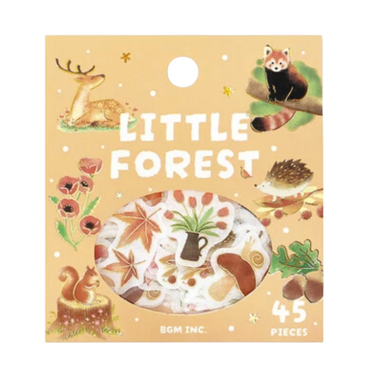 Packaging of 'Little Forest' stickers with forest-themed illustrations on a beige background.
