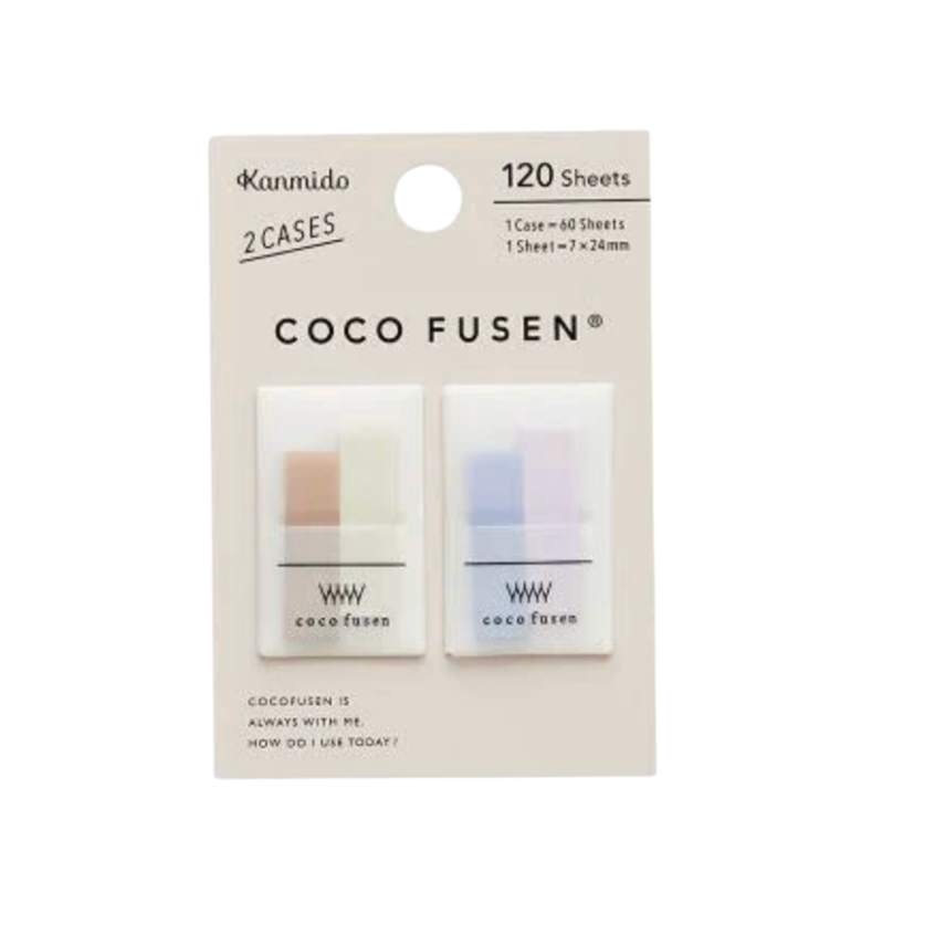 Packaging of Coco Fusen sheets with two sample sheets on a beige background