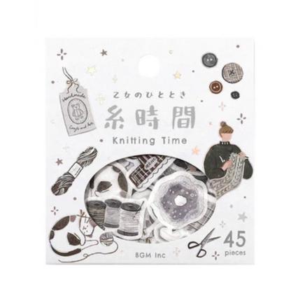 Packaging of 'Knitting Time' with illustrations and text on a white background