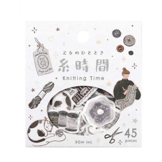 Packaging of 'Knitting Time' with illustrations and text on a white background