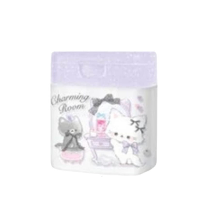 Small container with cartoon cat designs on a white background