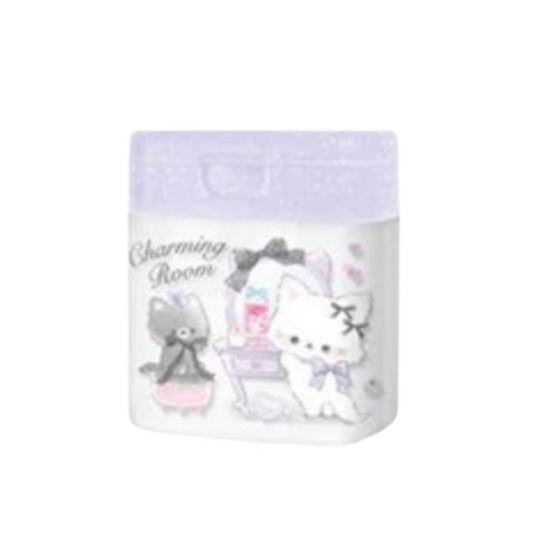 Small container with cartoon cat designs on a white background