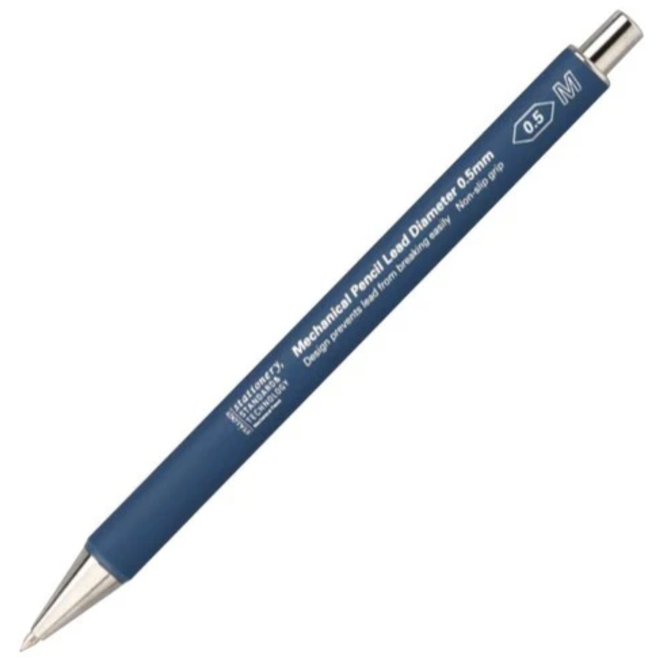 Mechanical pencil with blue body and silver accents on a white background